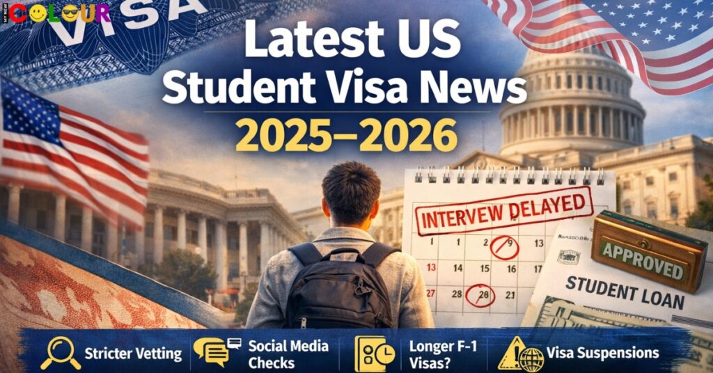 Latest US student visa news 2025–2026 showing F-1 visa delays, stricter vetting, interview pauses, and student loan concerns.