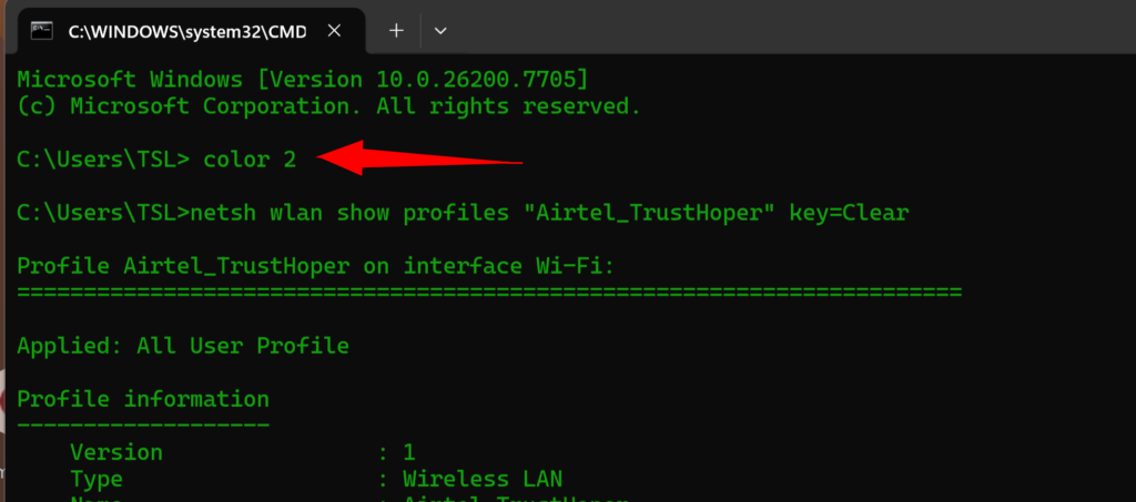 CMD command used to find connected WiFi password on Windows laptop