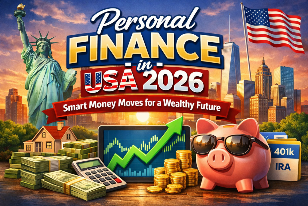 Personal Finance in USA 2026 featured image with Statue of Liberty, stock market chart, cash, calculator, piggy bank, and 401k IRA retirement folders.