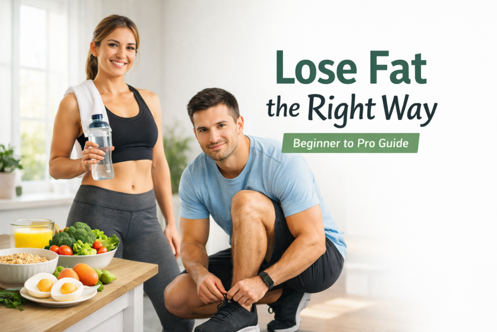 Fit man and woman preparing for workout with healthy food on table, representing a natural fat loss lifestyle.