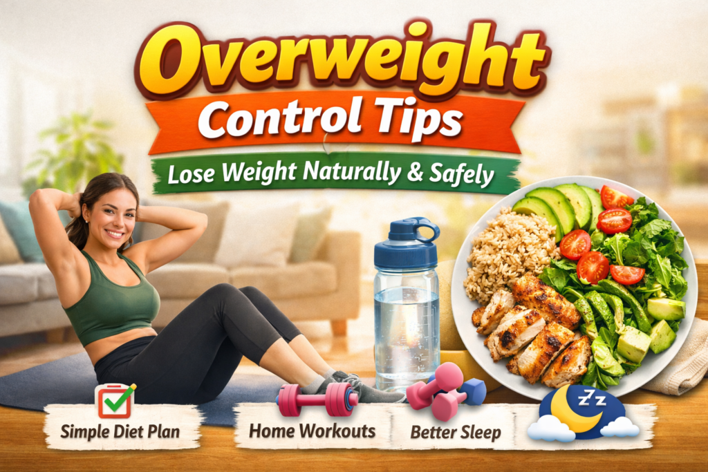 Woman doing home workout with healthy meal and water bottle showing overweight control tips for natural weight loss.