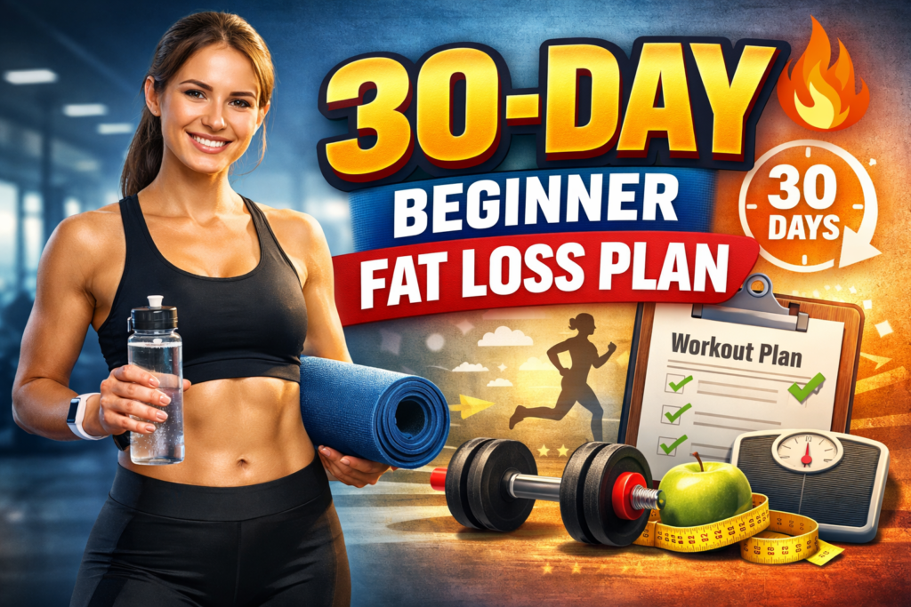 Featured image for “30-Day Beginner Fat Loss Plan” showing a fit woman holding a yoga mat and water bottle in a gym, with bold 30-day text, dumbbells, workout checklist, apple, measuring tape, and weighing scale symbolizing beginner-friendly weight loss and fitness transformation.