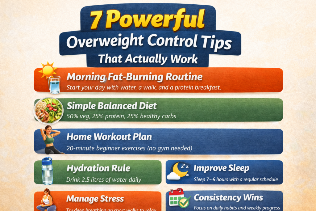 Woman exercising at home on a yoga mat with a healthy balanced meal and water bottle beside her, highlighting natural overweight control tips like simple diet, home workouts, and better sleep.