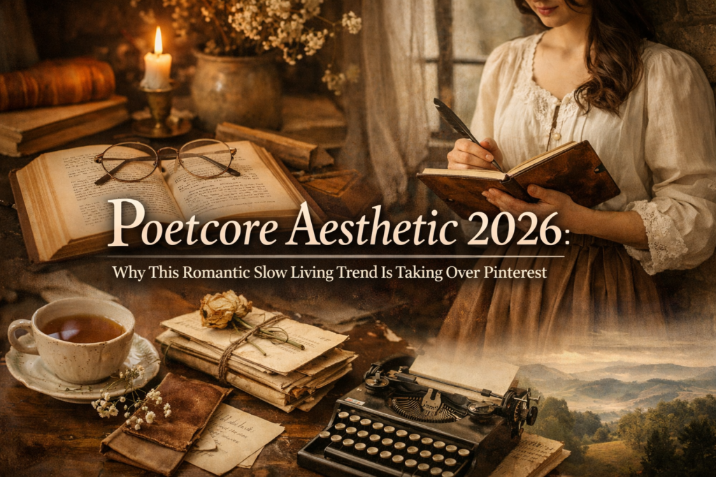 Vintage poetcore aesthetic scene featuring an open old book with glasses, a lit candle, handwritten letters, tea cup, typewriter, and a woman writing in a journal by a window in warm natural light.