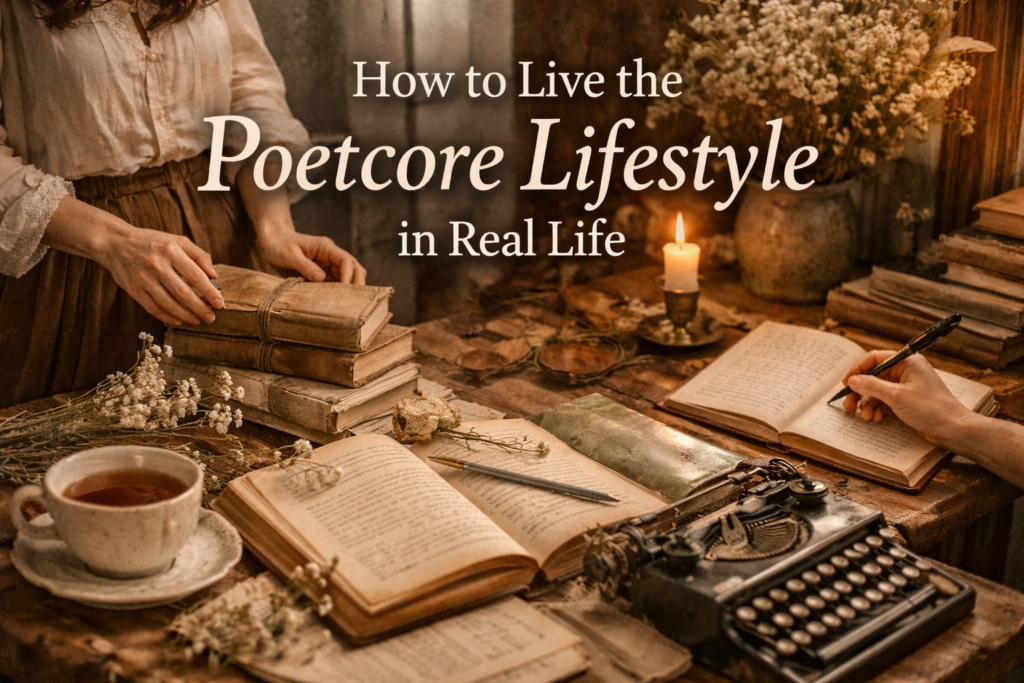 Cozy poetcore lifestyle scene with stacked vintage books, open journals, dried flowers, a lit candle, tea cup, and a person writing with a pen beside a classic typewriter in warm natural light.