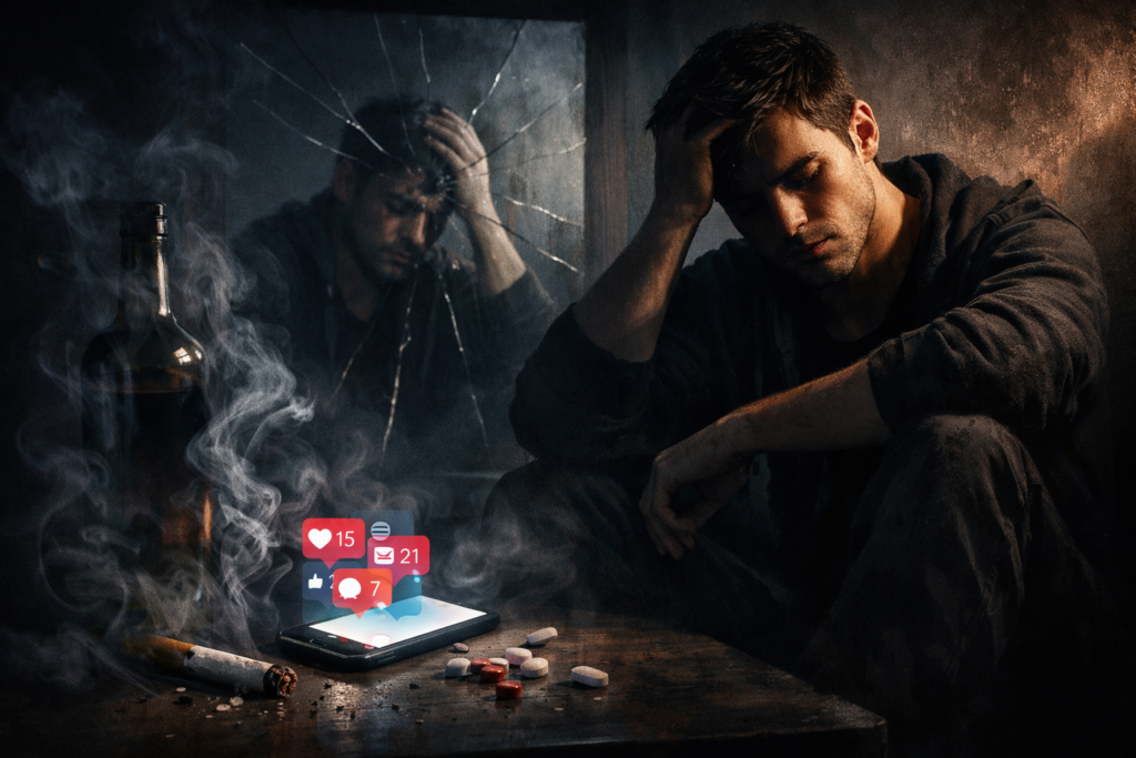 A distressed young man sitting in a dark room with half-lit face, broken cigarette, alcohol bottle, scattered pills, and a glowing smartphone showing social media notifications, reflected in a cracked mirror symbolizing addiction and inner conflict.