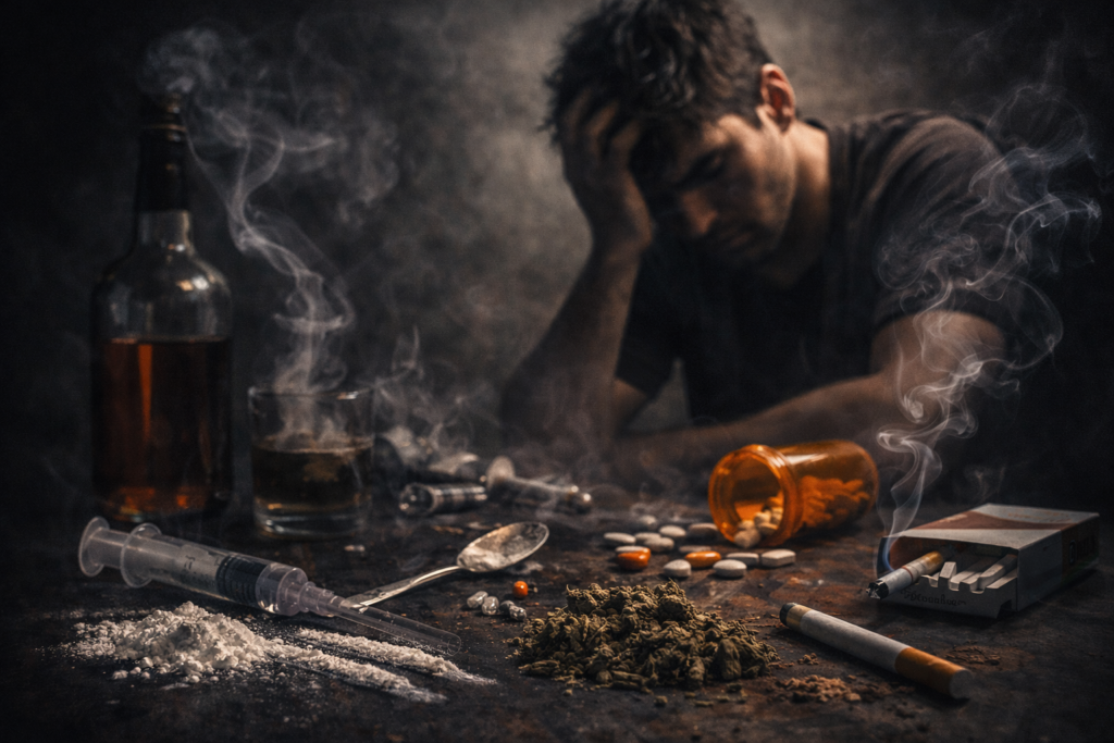 **Title Attribute:** Understanding Substance Abuse: Alcohol, Drugs, Prescription Medication, Nicotine, and Marijuana Addiction **Alternative Text (Alt Text):**
A distressed man sitting at a table in a dark room surrounded by alcohol bottle, glass of whiskey, cocaine powder with syringe, scattered prescription pills, cigarettes, and marijuana, symbolizing multiple forms of substance addiction and emotional struggle.