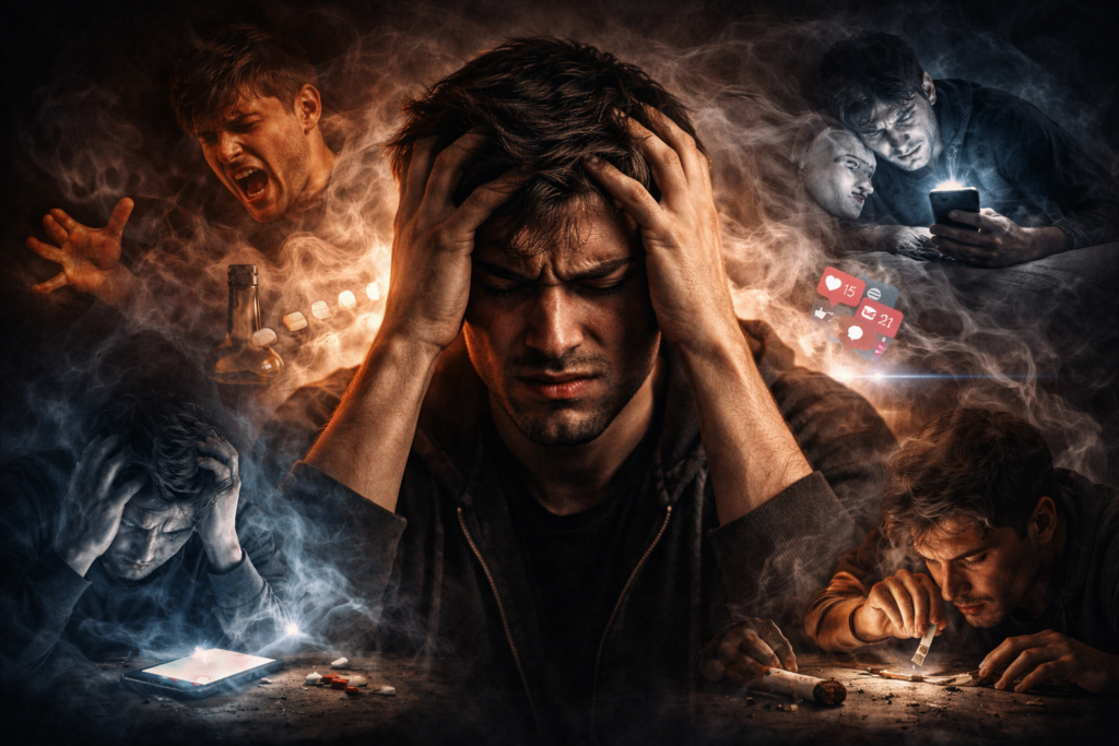 **Title Attribute:** Emotional Effects of Addiction – Mood Swings, Anxiety, Depression & Obsessive Behavior **Alternative Text (Alt Text):**
A distressed young man holding his head in frustration, surrounded by smoky layered images of anger, anxiety, depression, and substance use, symbolizing mood swings, irritability, emotional instability, and obsessive addiction behavior.