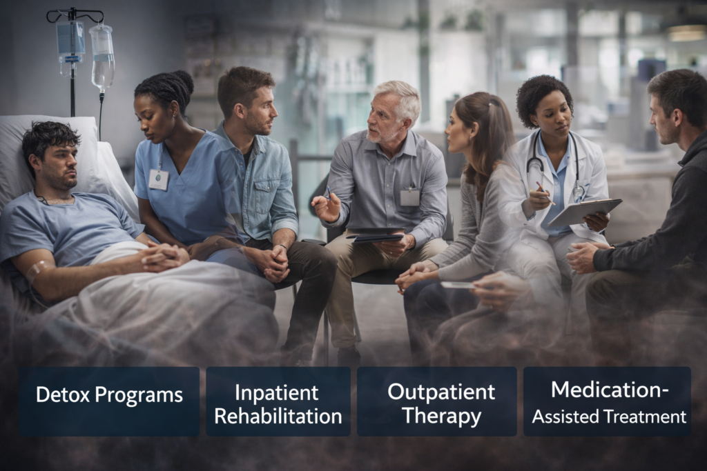 Addiction Recovery Options – Detox Programs, Inpatient Rehab, Outpatient Therapy & Medication-Assisted Treatment **Alternative Text (Alt Text):**
Healthcare professionals supporting a patient in a medical setting, representing detox programs, inpatient rehabilitation, outpatient therapy, and medication-assisted treatment for addiction recovery.