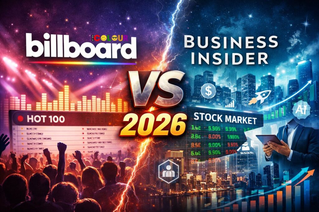 Billboard vs Business Insider 2026 comparison showing music charts and stock market growth with digital media concept background.