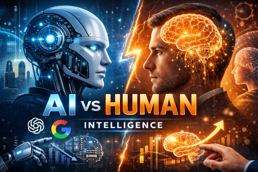 AI vs Human Intelligence concept showing a robotic head facing a human with a glowing brain, representing the debate about AI tools like ChatGPT and Gemini impacting human thinking power.