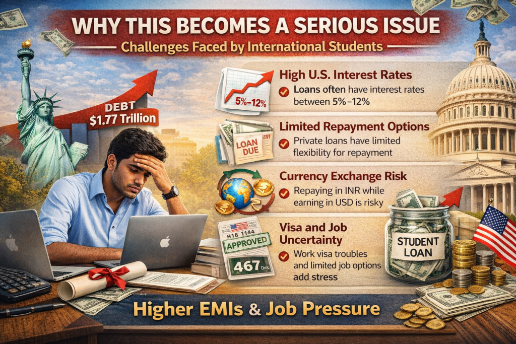 **Alt Text:**
Infographic showing why student loans in the USA become a serious issue, highlighting high interest rates (5–12%), limited repayment options, currency exchange risk, and visa and job uncertainty for international students with total debt of $1.77 trillion
