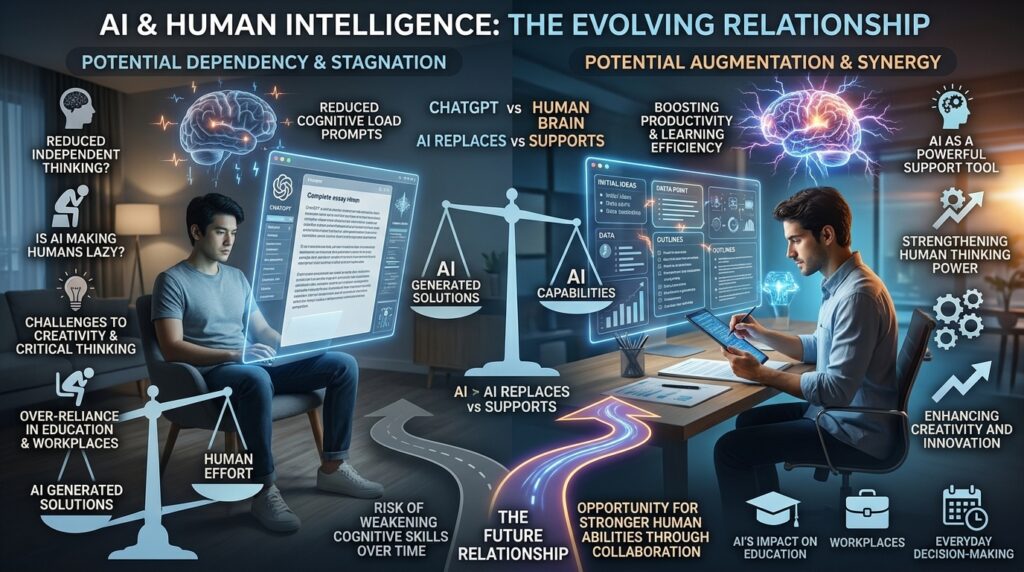 **Alt Text:**
Concept illustration showing a person relying on artificial intelligence on a laptop while a robotic AI brain assists, representing the debate about whether AI tools are making humans lazy or increasing dependency on technology.
